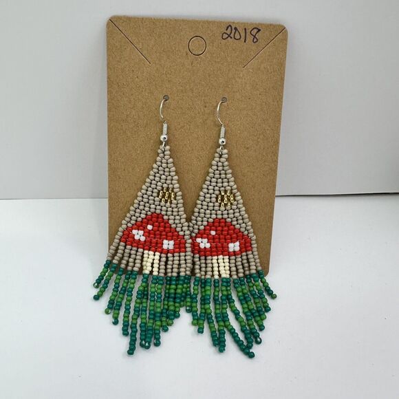 Mushroom Beaded Earrings Fringe Dangle Statement Earrings Boho Hippie‎ Style - Picture 3 of 6